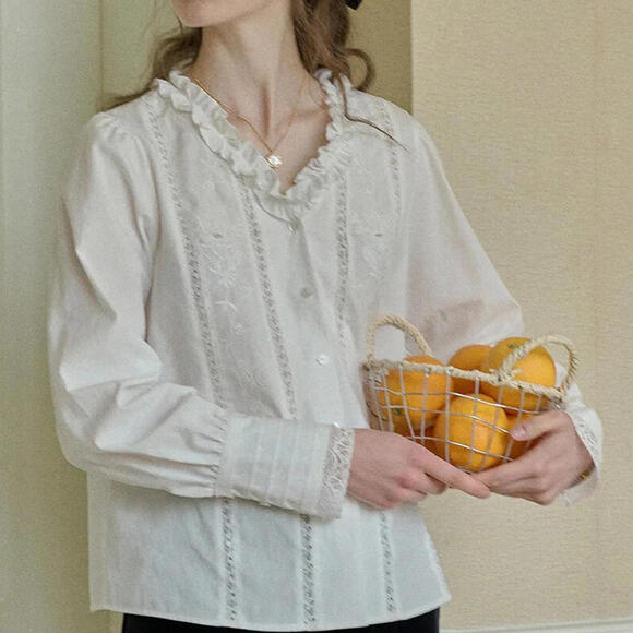 Tops - Simple Retro Faith‎ Lace Patchwork Embroidered Off White L Cottagecore Blouse